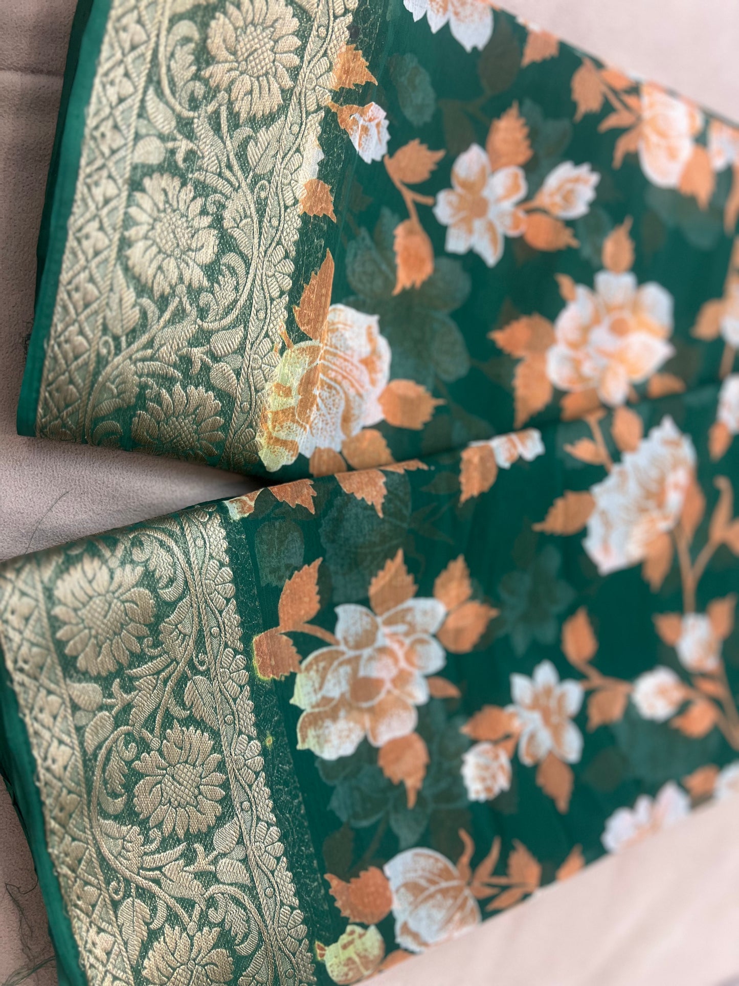 Bottle Green Beautiful Printed Crepe Sarees with Heavy Border and Same Blouse Piece