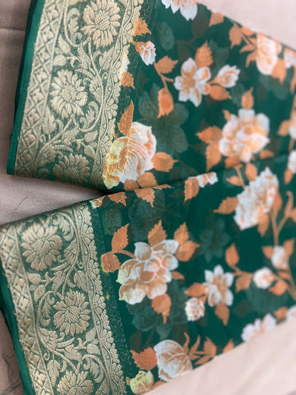 Bottle Green Beautiful Printed Crepe Sarees with Heavy Border and Same Blouse Piece