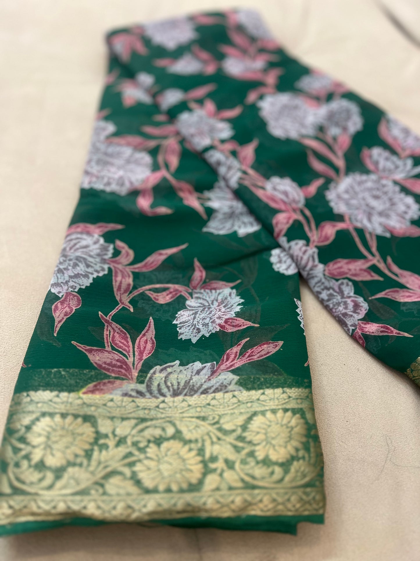 Bottle Green Beautiful Printed Crepe Sarees with Heavy Border and Same Blouse Piece