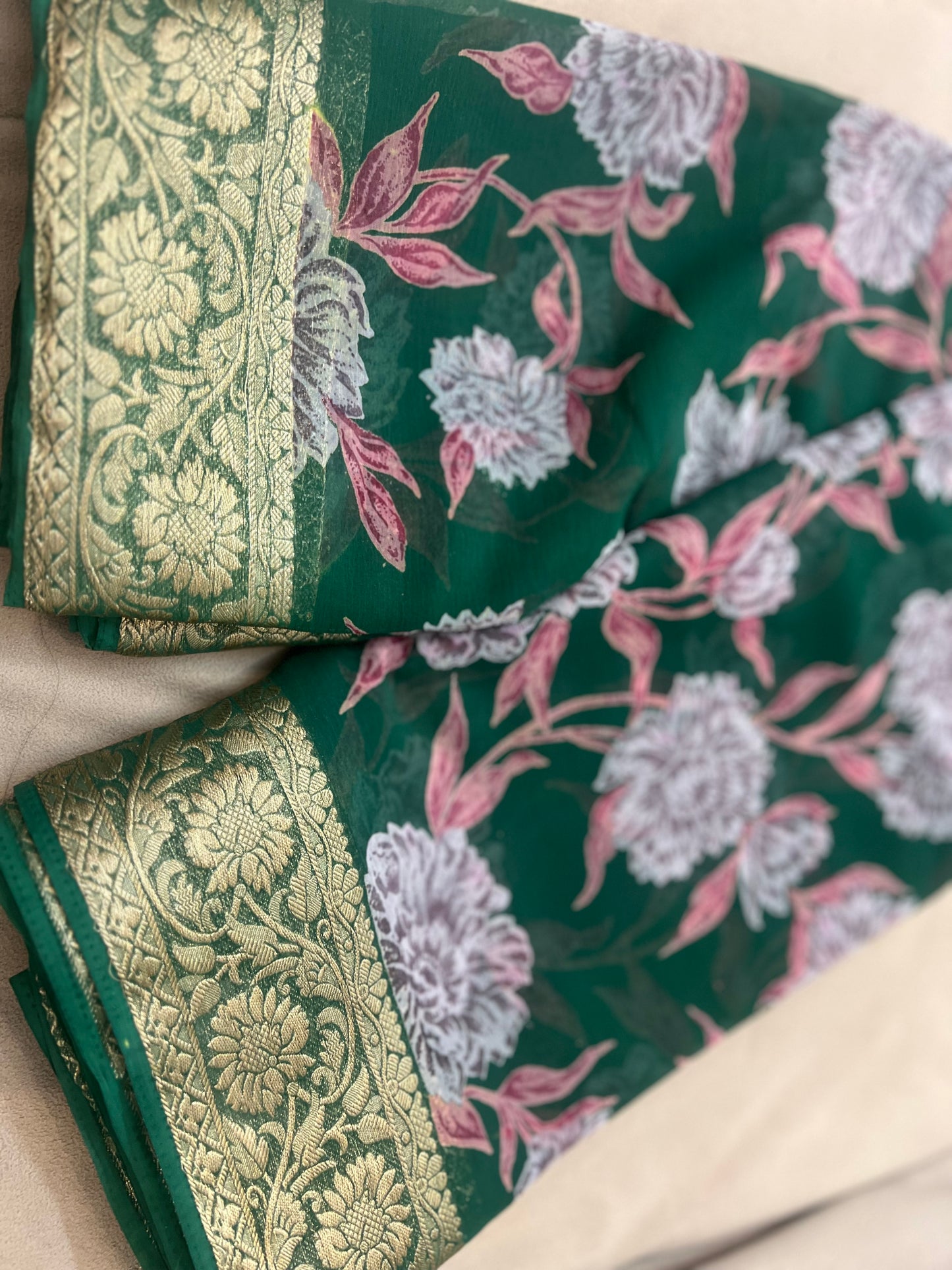 Bottle Green Beautiful Printed Crepe Sarees with Heavy Border and Same Blouse Piece