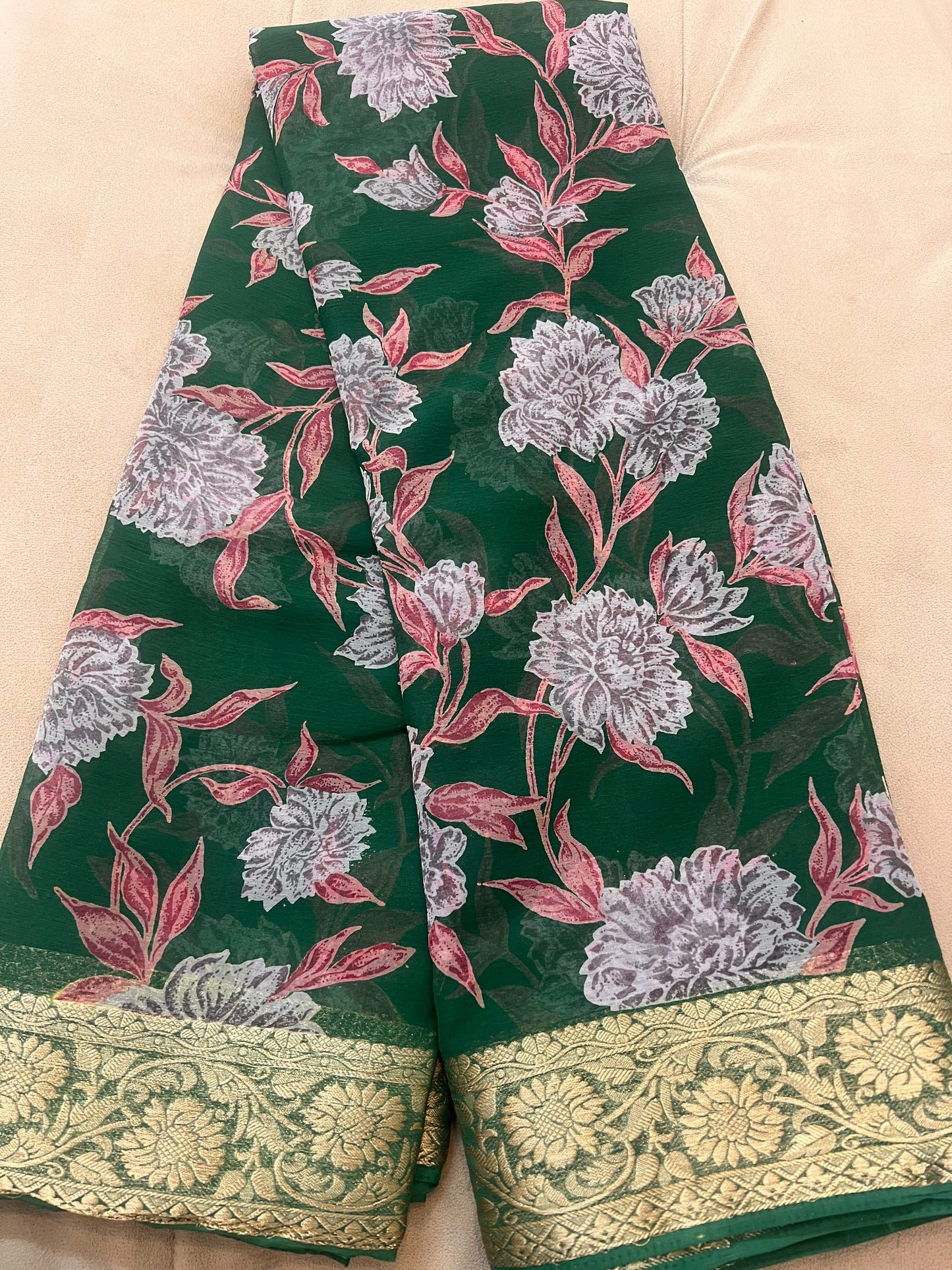 Bottle Green Beautiful Printed Crepe Sarees with Heavy Border and Same Blouse Piece