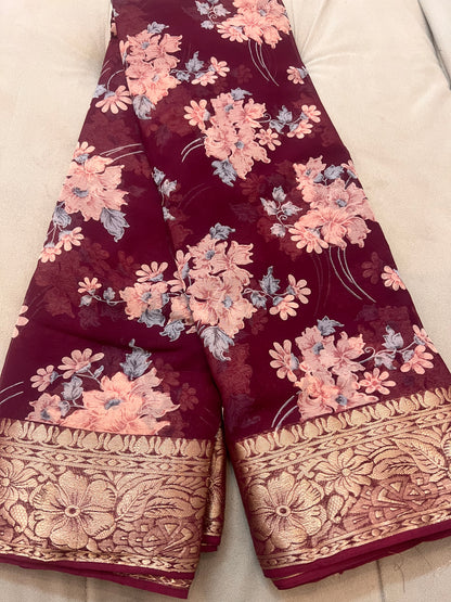 Wine Color Beautiful Printed Crepe Sarees with Heavy Border and Same Blouse Piece