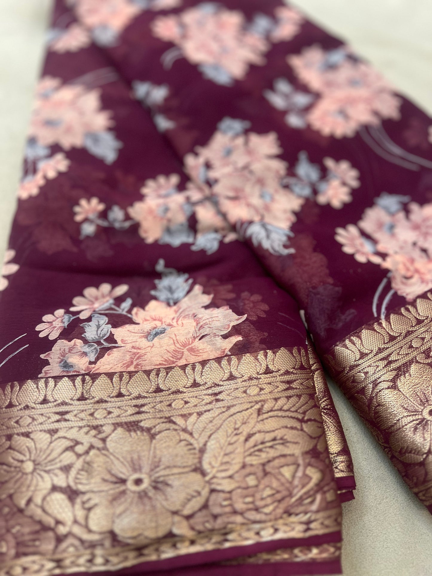 Wine Color Beautiful Printed Crepe Sarees with Heavy Border and Same Blouse Piece