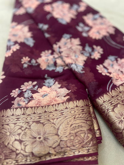 Wine Color Beautiful Printed Crepe Sarees with Heavy Border and Same Blouse Piece