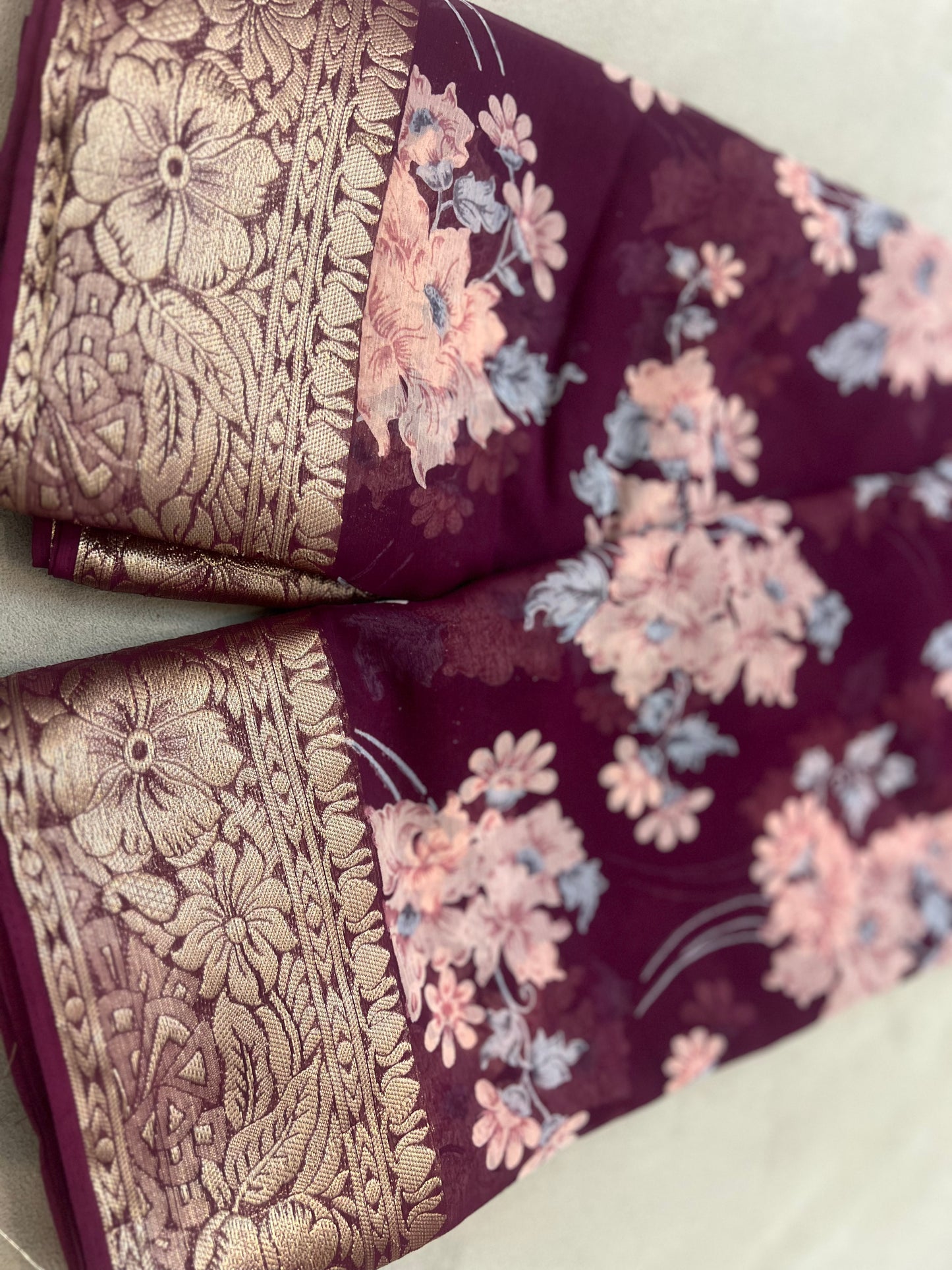 Wine Color Beautiful Printed Crepe Sarees with Heavy Border and Same Blouse Piece