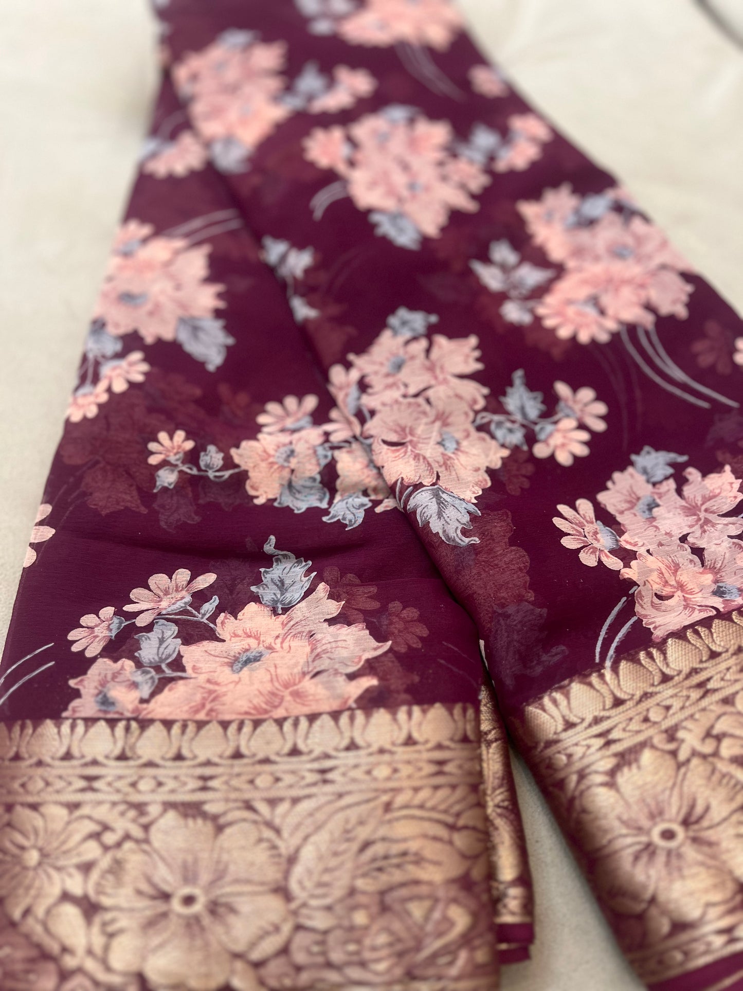 Wine Color Beautiful Printed Crepe Sarees with Heavy Border and Same Blouse Piece