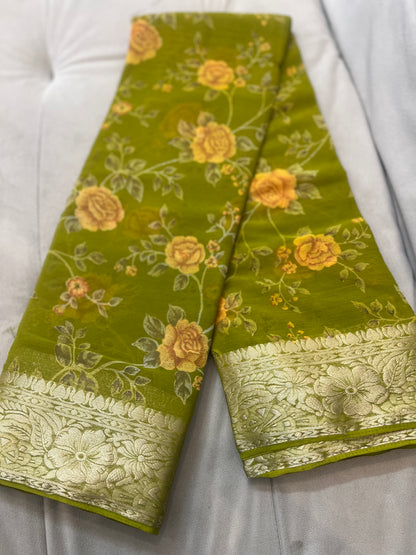 Mehandi Green Beautiful Printed Crepe Sarees with Heavy Border and Same Blouse Piece
