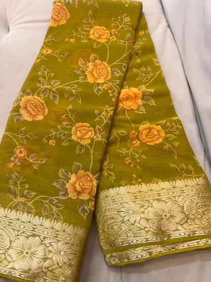 Mehandi Green Beautiful Printed Crepe Sarees with Heavy Border and Same Blouse Piece