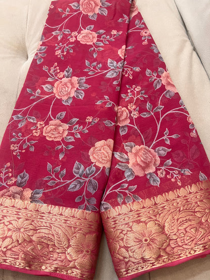 Onion Pink Beautiful Printed Crepe Sarees with Heavy Border and Same Blouse Piece