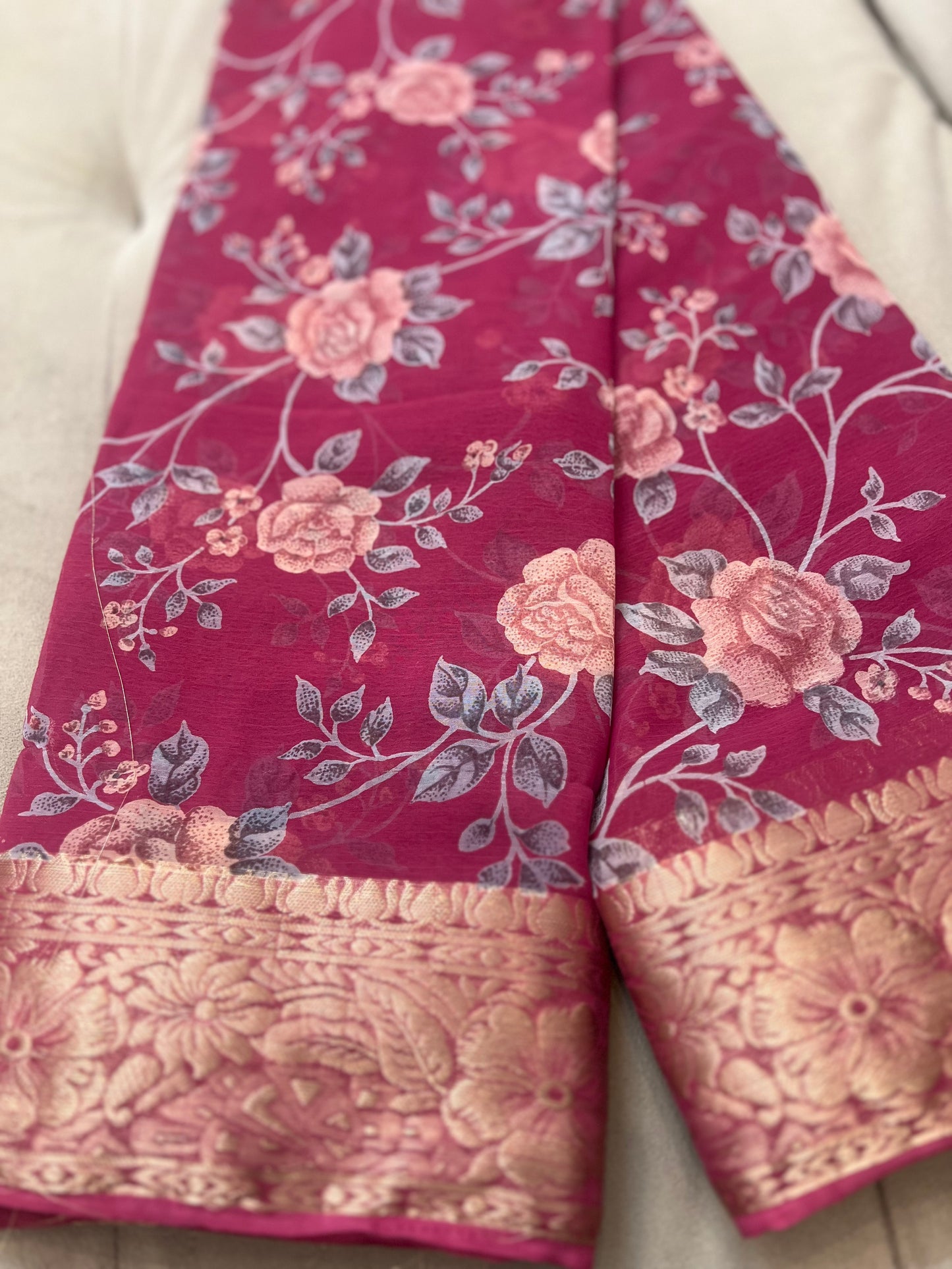 Onion Pink Beautiful Printed Crepe Sarees with Heavy Border and Same Blouse Piece