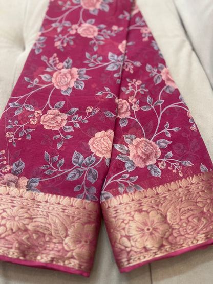Onion Pink Beautiful Printed Crepe Sarees with Heavy Border and Same Blouse Piece