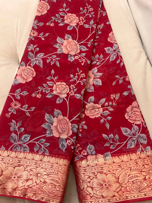 Cherry Red Beautiful Printed Crepe Sarees with Heavy Border and Same Blouse Piece