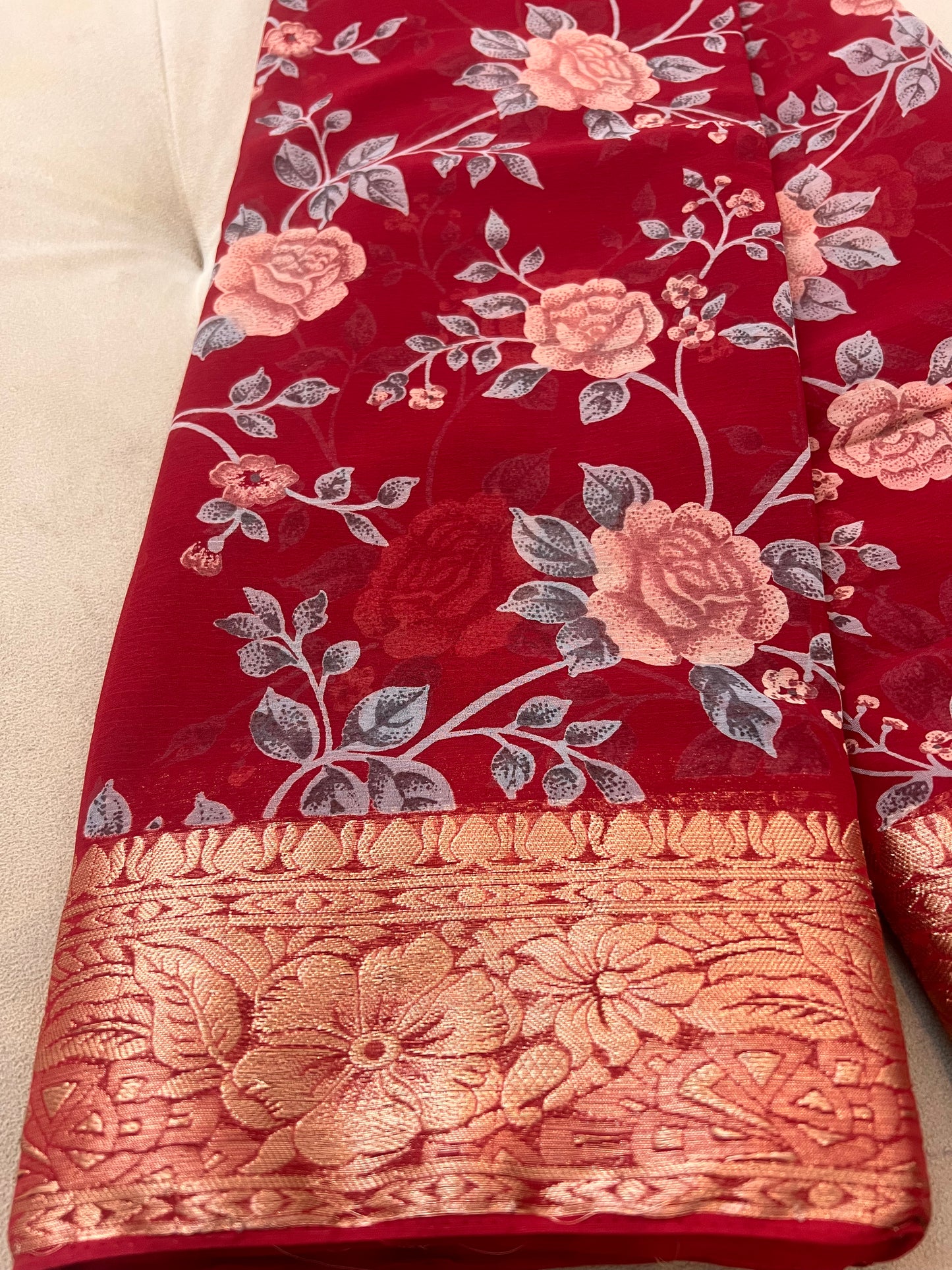 Cherry Red Beautiful Printed Crepe Sarees with Heavy Border and Same Blouse Piece
