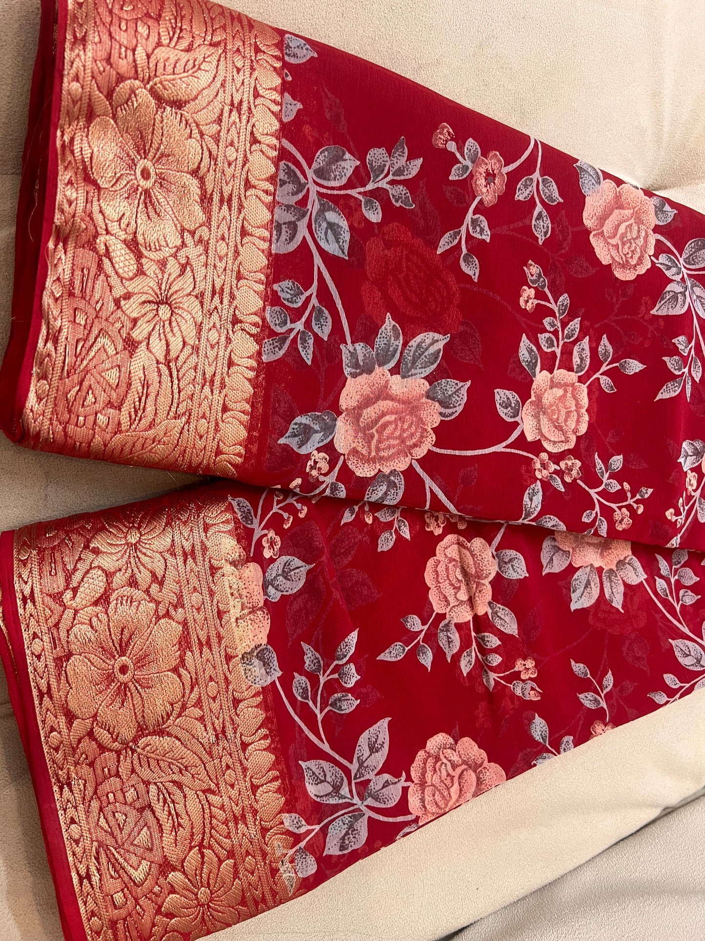 Cherry Red Beautiful Printed Crepe Sarees with Heavy Border and Same Blouse Piece