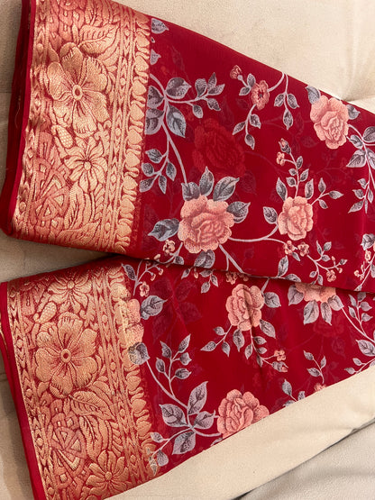 Cherry Red Beautiful Printed Crepe Sarees with Heavy Border and Same Blouse Piece