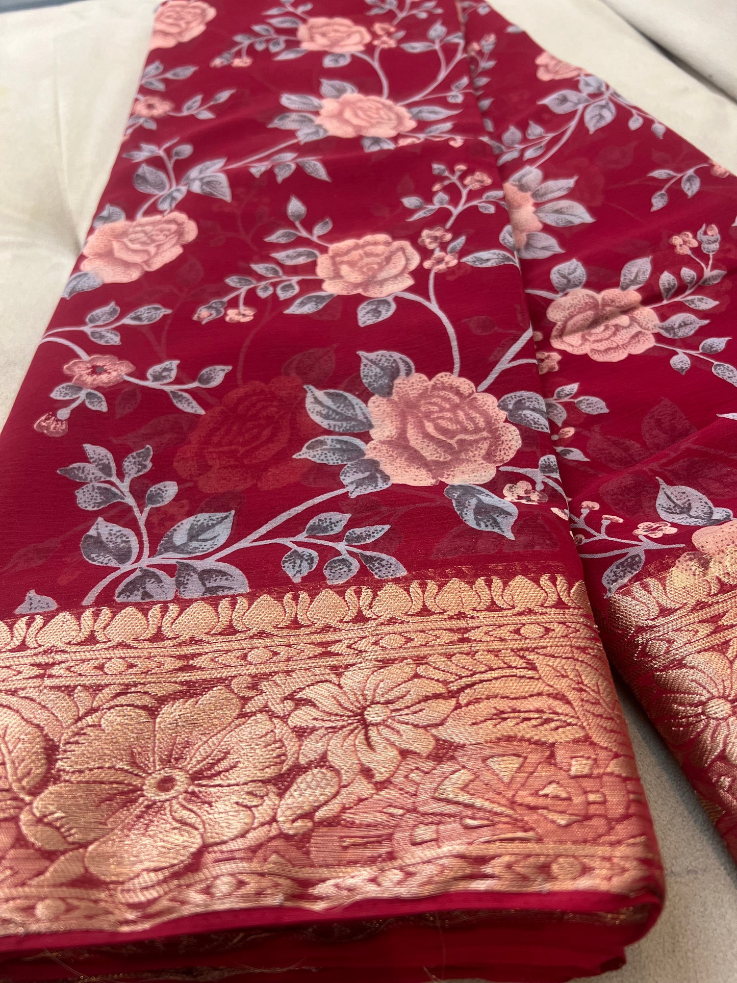 Cherry Red Beautiful Printed Crepe Sarees with Heavy Border and Same Blouse Piece