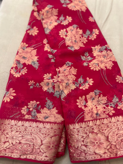 Magenta Pink Beautiful Printed Crepe Sarees with Heavy Border and Same Blouse Piece