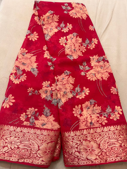 Magenta Pink Beautiful Printed Crepe Sarees with Heavy Border and Same Blouse Piece