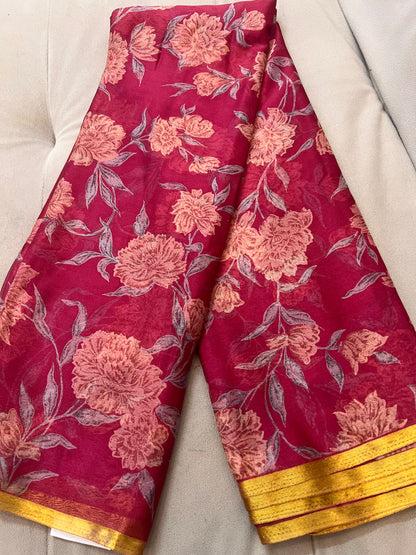 Onion Pink Beautiful Printed Crêpe Sarees With Same Fabric Blouse Piece