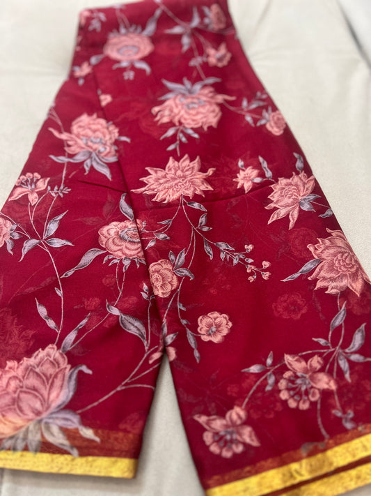 Cherry Red Beautiful Printed Crêpe Sarees With Same Fabric Blouse Piece