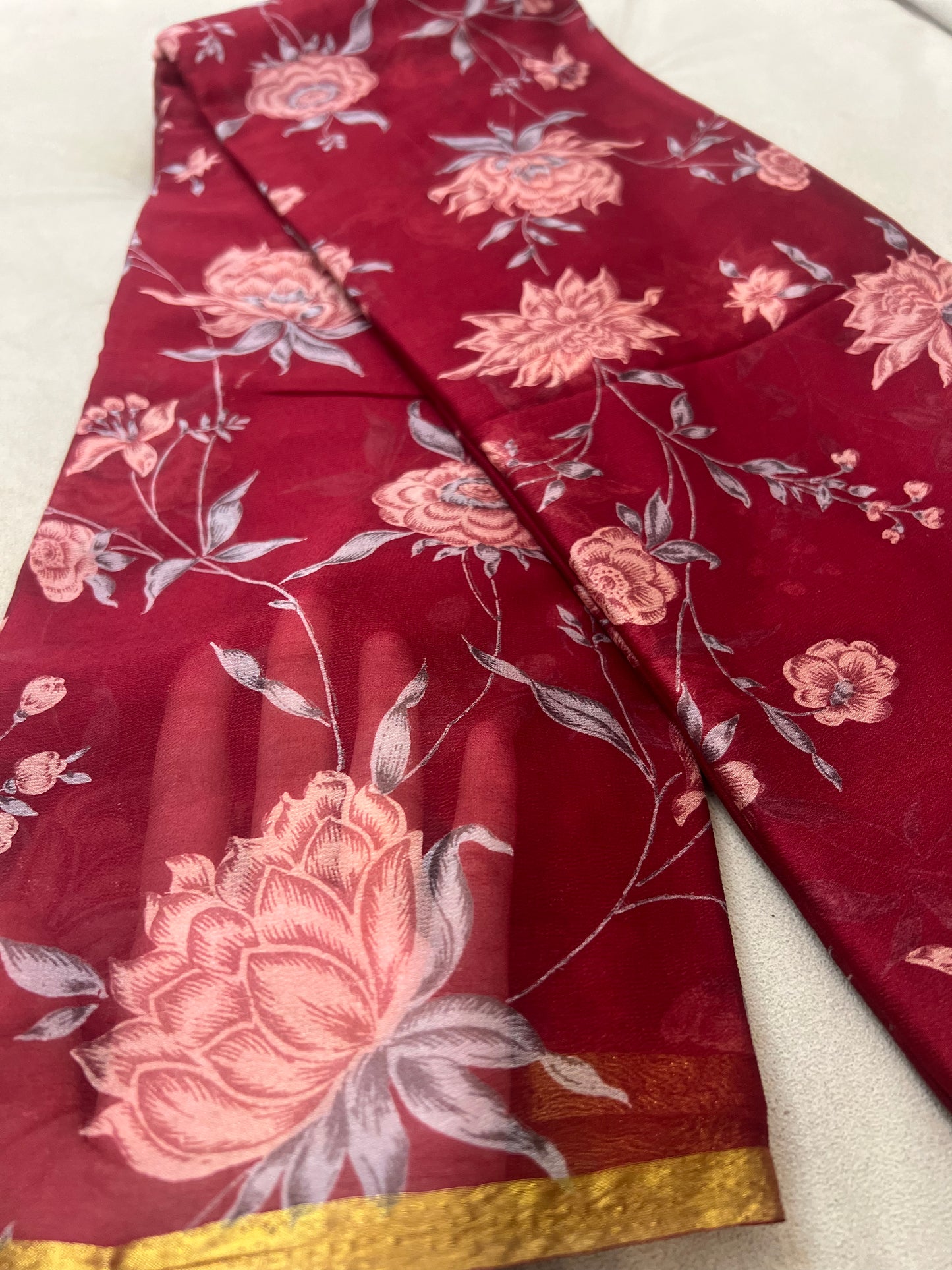 Cherry Red Beautiful Printed Crêpe Sarees With Same Fabric Blouse Piece