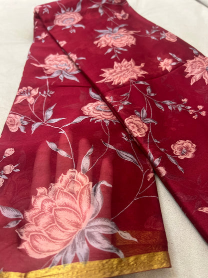 Cherry Red Beautiful Printed Crêpe Sarees With Same Fabric Blouse Piece