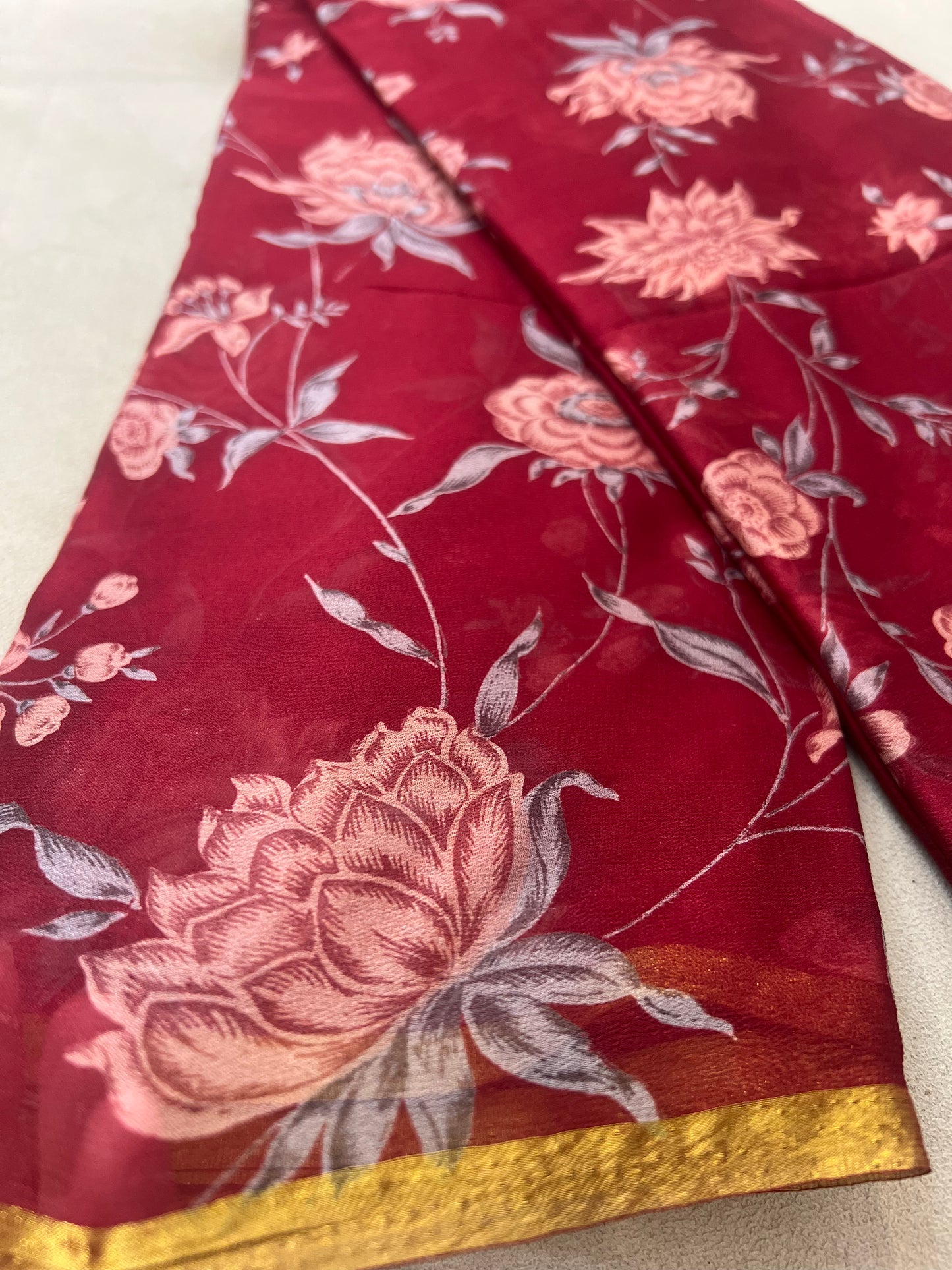 Cherry Red Beautiful Printed Crêpe Sarees With Same Fabric Blouse Piece