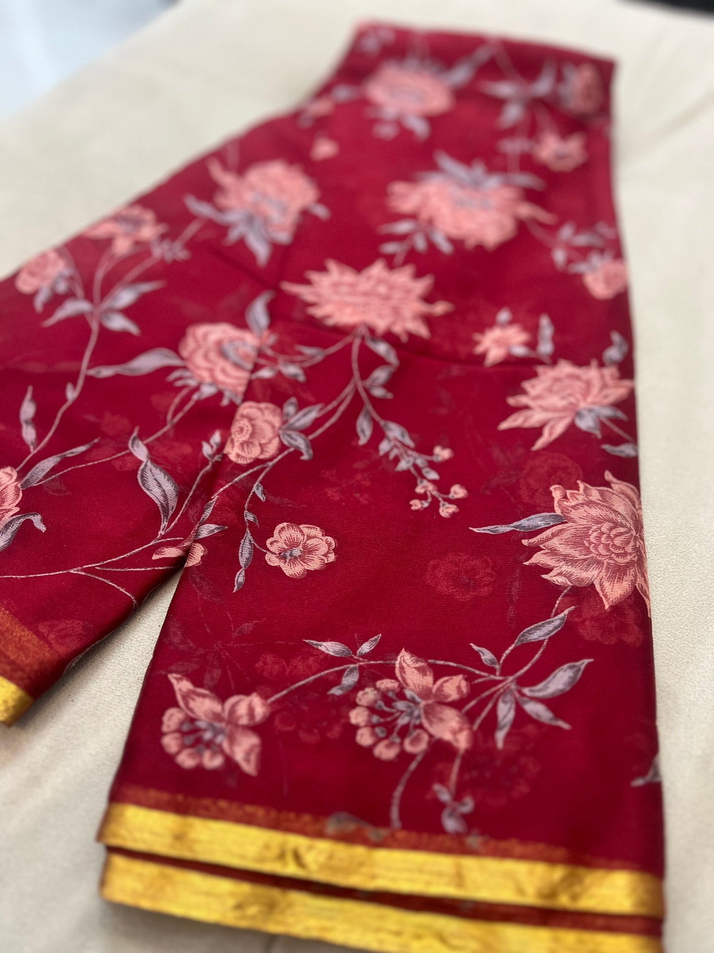 Cherry Red Beautiful Printed Crêpe Sarees With Same Fabric Blouse Piece