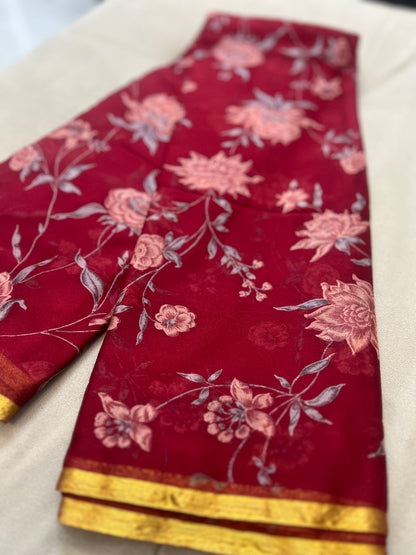 Cherry Red Beautiful Printed Crêpe Sarees With Same Fabric Blouse Piece