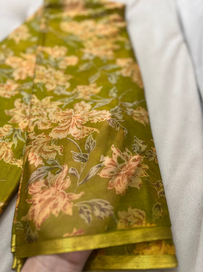 Mehandi Green Beautiful Printed Crêpe Sarees With Same Fabric Blouse Piece