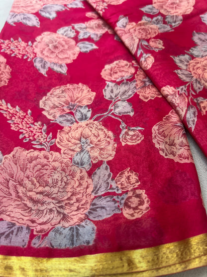 Magenta Pink Beautiful Printed Crêpe Sarees With Same Fabric Blouse Piece