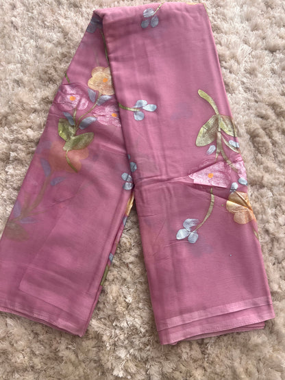 Beautiful Hand Painted Lavendar Colour Chiffon Sarees with Crêpe Blouse Piece