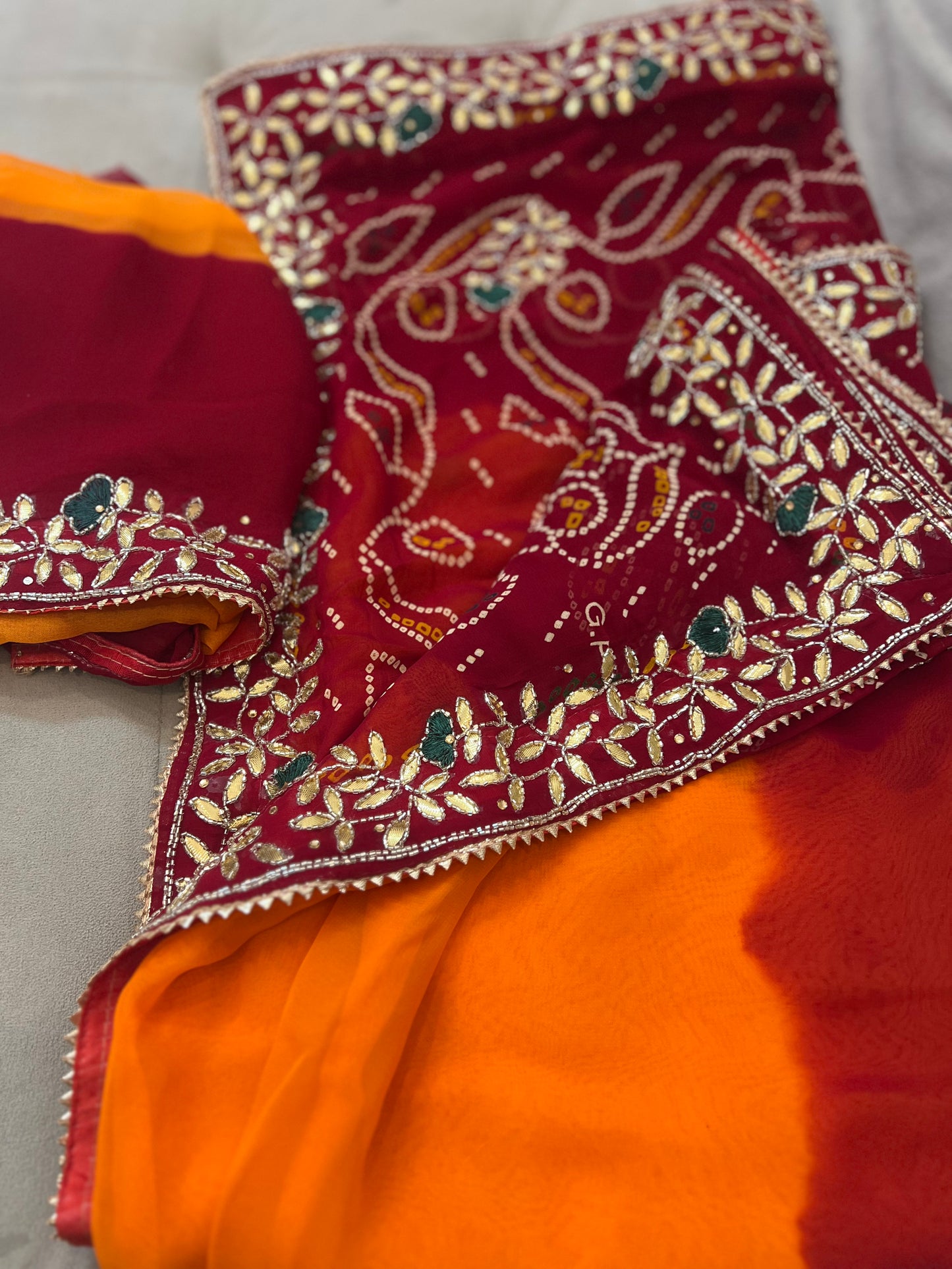 Pure Georgette Peela ki Sari With Gota and Stone Handwork (with Unstitched Blouse)