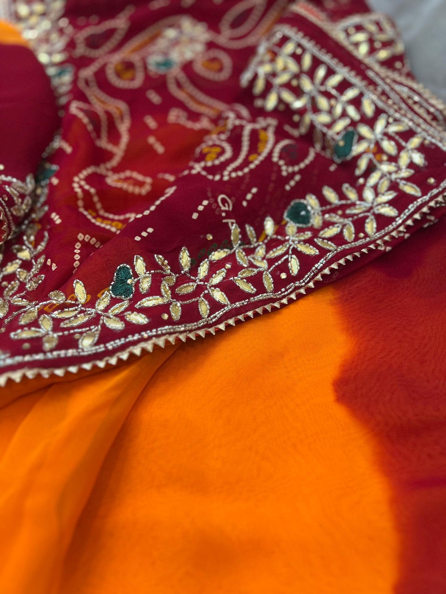 Pure Georgette Peela ki Sari With Gota and Stone Handwork (with Unstitched Blouse)