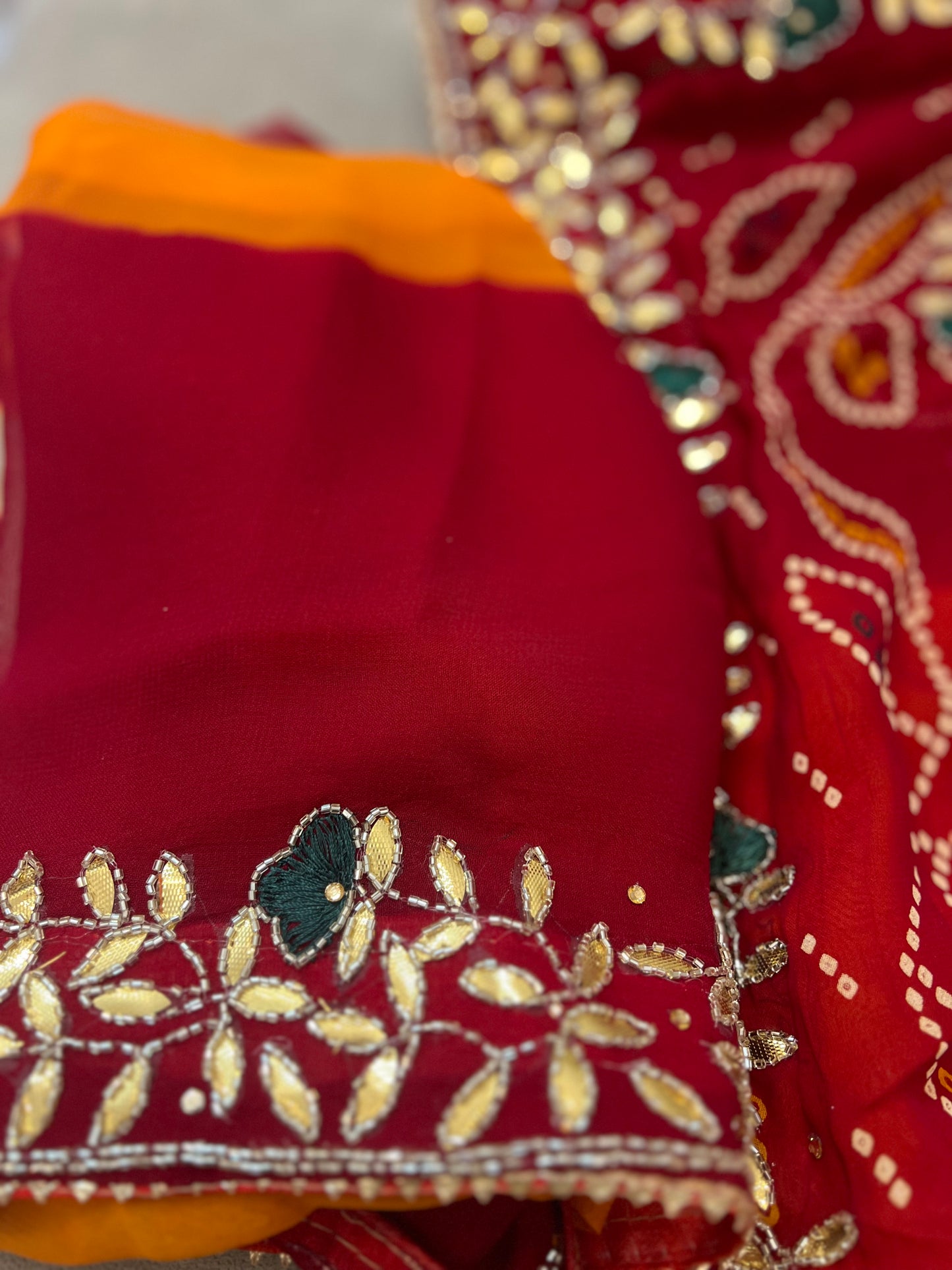 Pure Georgette Peela ki Sari With Gota and Stone Handwork (with Unstitched Blouse)