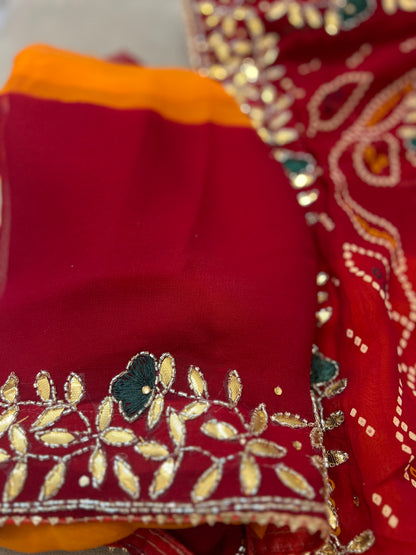 Pure Georgette Peela ki Sari With Gota and Stone Handwork (with Unstitched Blouse)