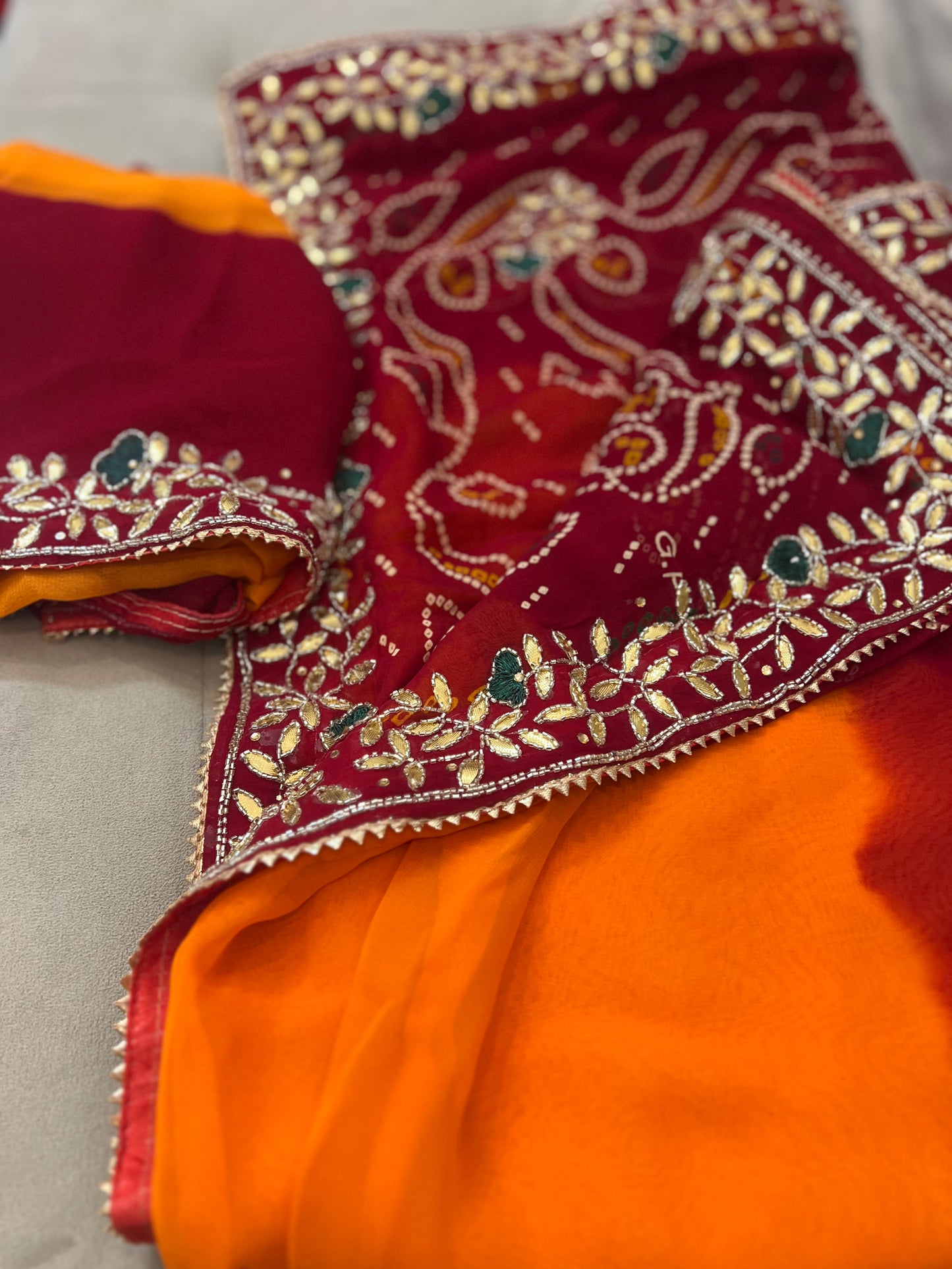 Pure Georgette Peela ki Sari With Gota and Stone Handwork (with Unstitched Blouse)