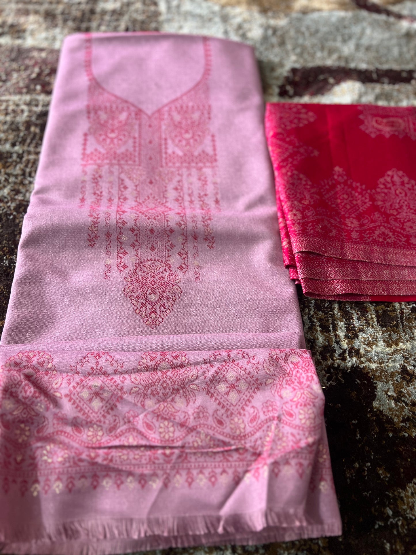Onion Pink Kurta and Magenta Pink Pyjama and Shawl (Unstitched)