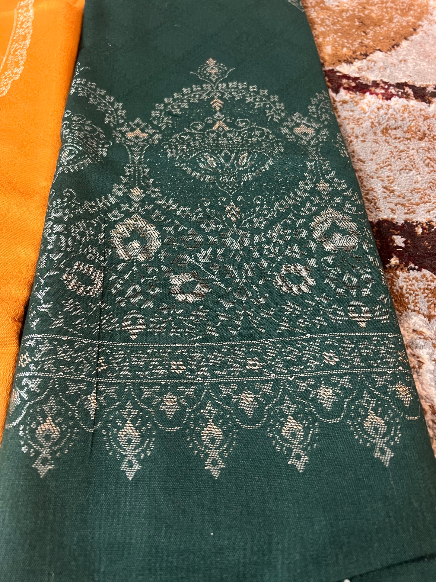 Mustard Colour Kurta and Bottle Green Pyjama and Shawl (Unstitched)