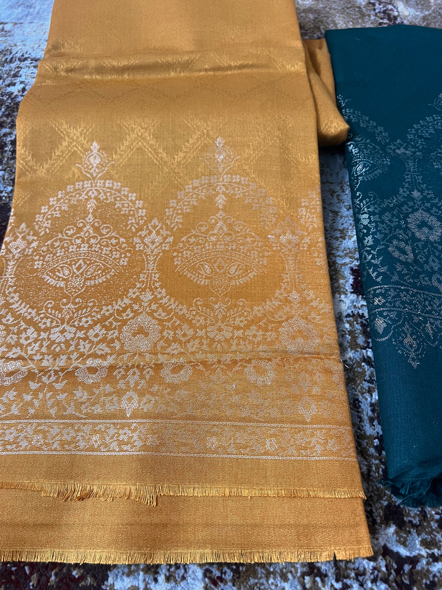 Mustard Colour Kurta and Bottle Green Pyjama and Shawl (Unstitched)