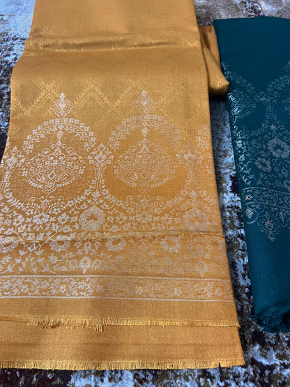 Mustard Colour Kurta and Bottle Green Pyjama and Shawl (Unstitched)