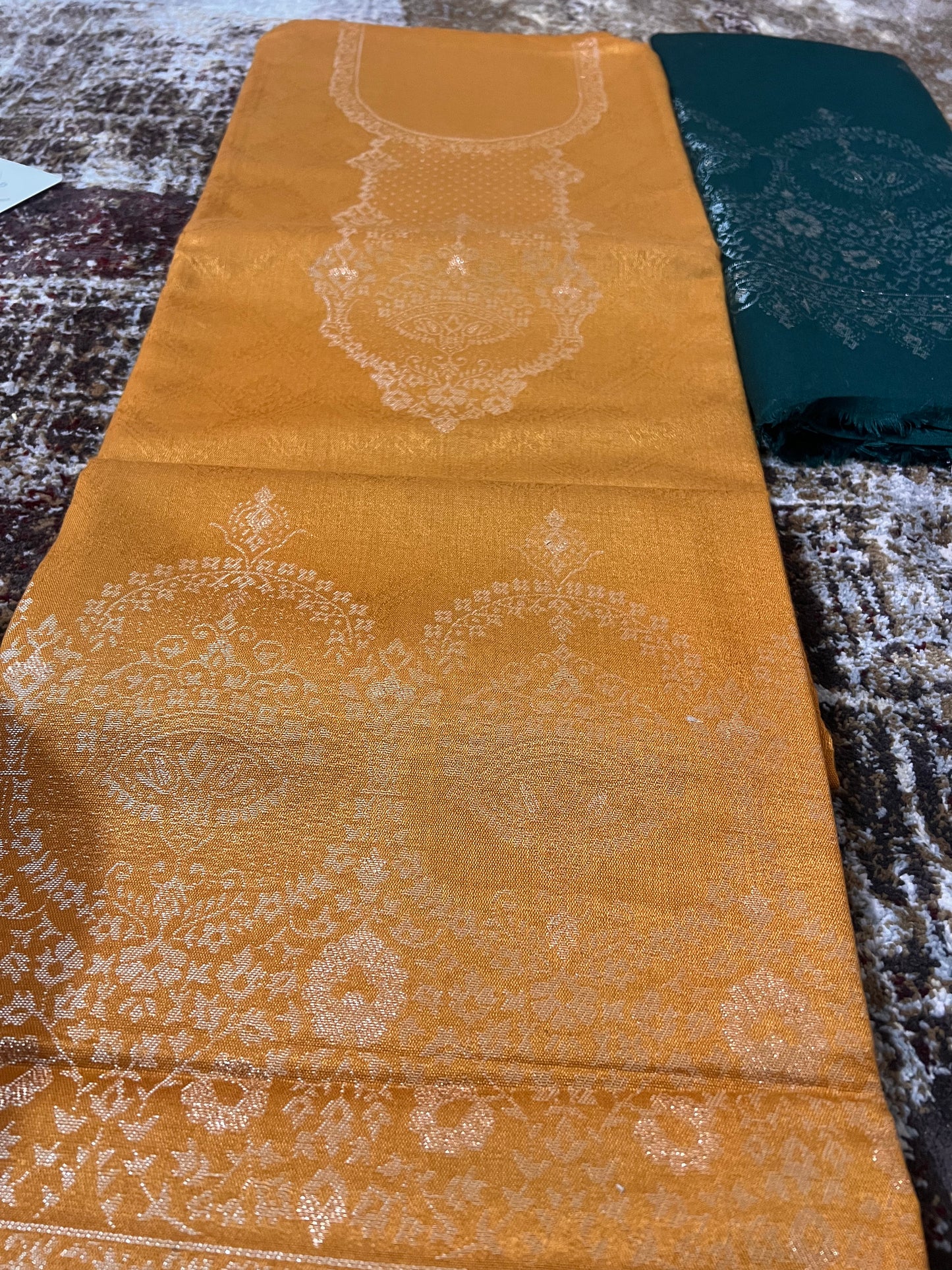 Mustard Colour Kurta and Bottle Green Pyjama and Shawl (Unstitched)