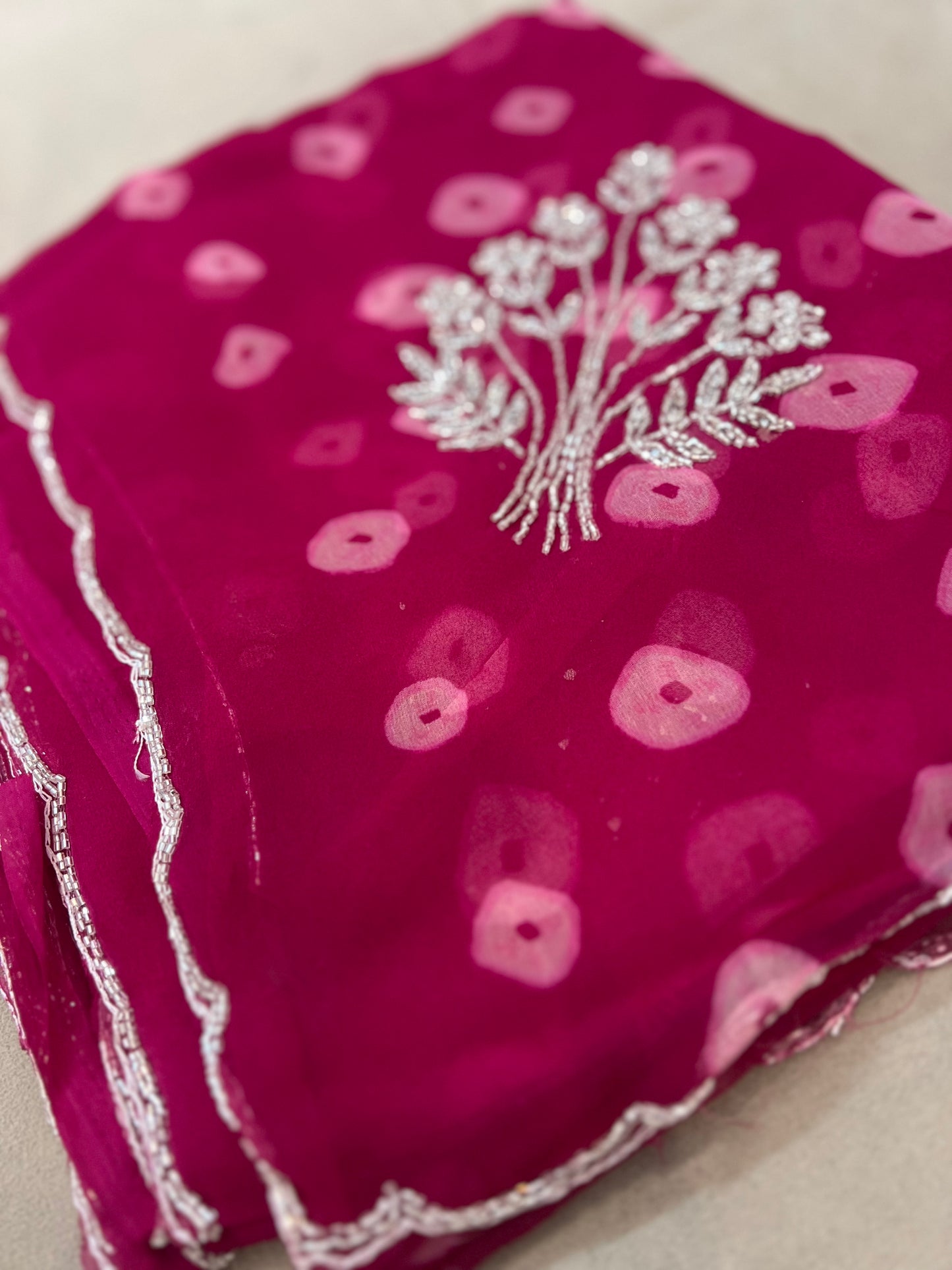 Magenta Pink Soft Chiffon Bandhani Saree