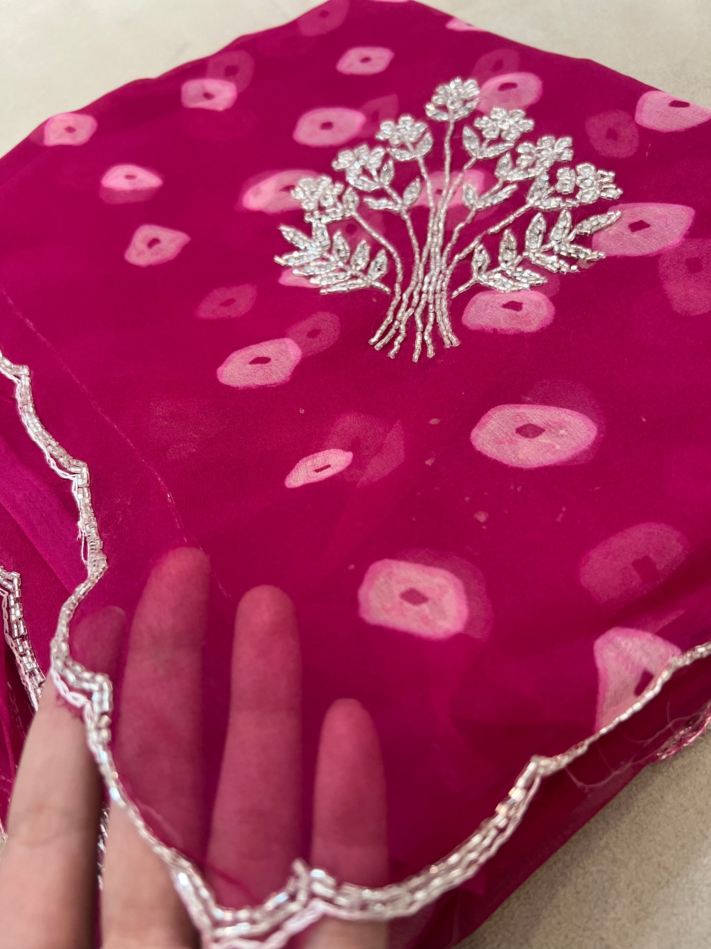 Magenta Pink Soft Chiffon Bandhani Saree