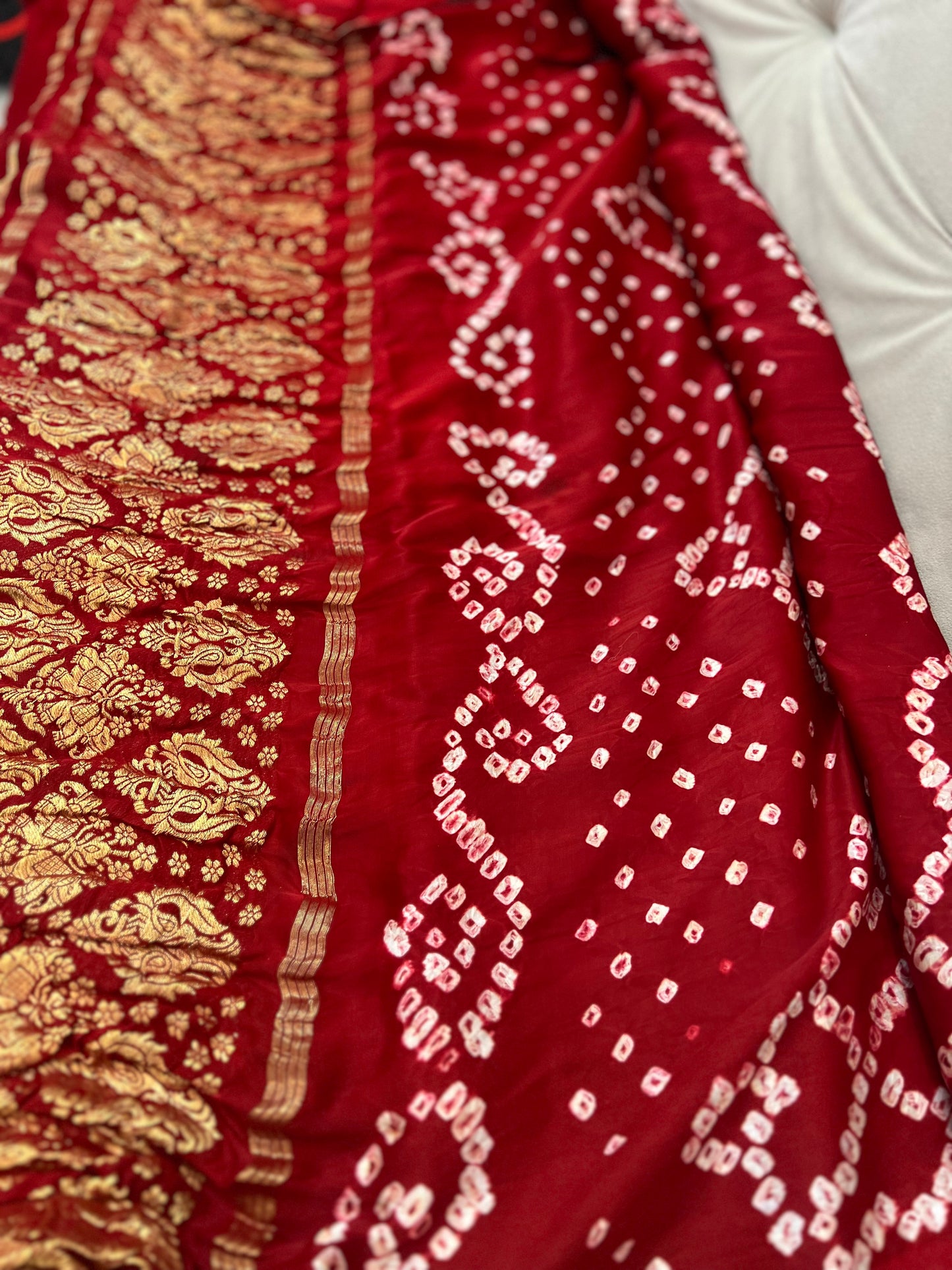 Plain Bandhani Maroon Ghazi Silk Saree