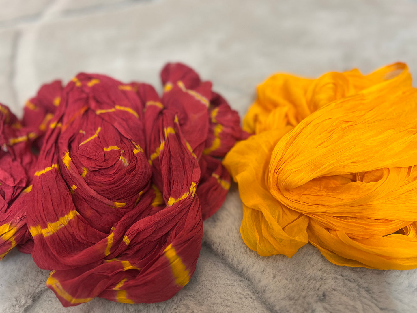 Soft Chinon Maroon Lahariya Saree with Yellow Blouse Peice