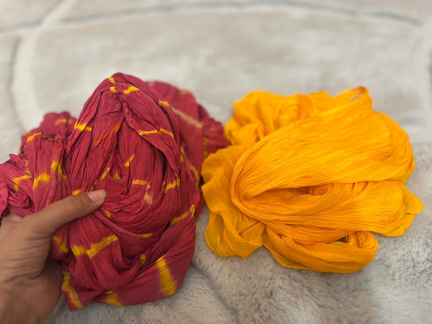 Soft Chinon Maroon Lahariya Saree with Yellow Blouse Peice