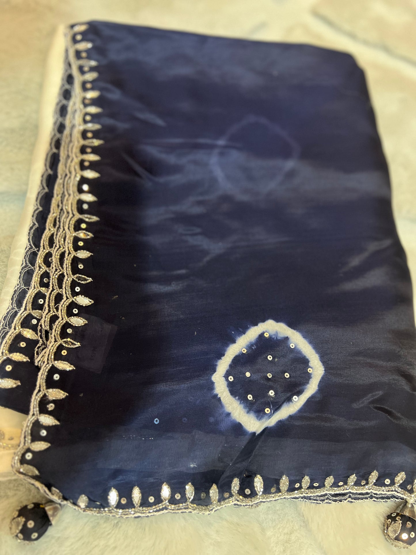 Pure organza White and Navy Blue Shaded Saree Designer Work with Stitched Designer Blouse