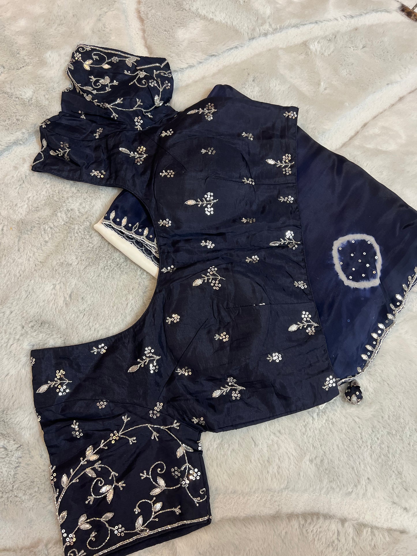 Pure organza White and Navy Blue Shaded Saree Designer Work with Stitched Designer Blouse