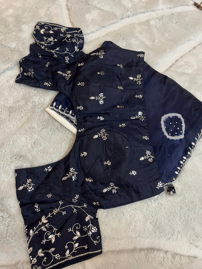 Pure organza White and Navy Blue Shaded Saree Designer Work with Stitched Designer Blouse